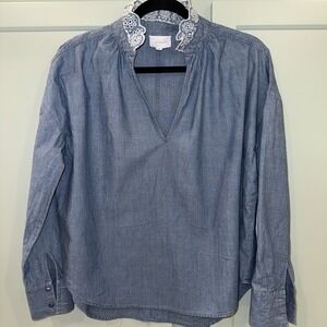 Sundays XS Women's Chambray Popover Blouse N Neck Crochet Ruffle High Neck